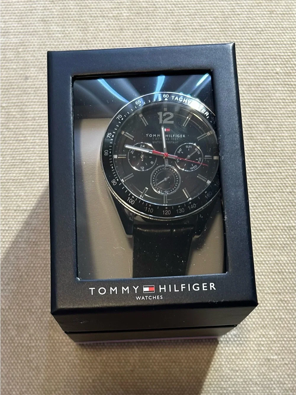 Tommy Hilfiger Watch With 46mm Black Chronograph Face & Black Leather Band